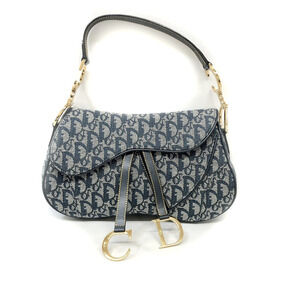 DIOR Trotter Double Saddle Shoulder Bag Jacquard Canvas Leather Blue